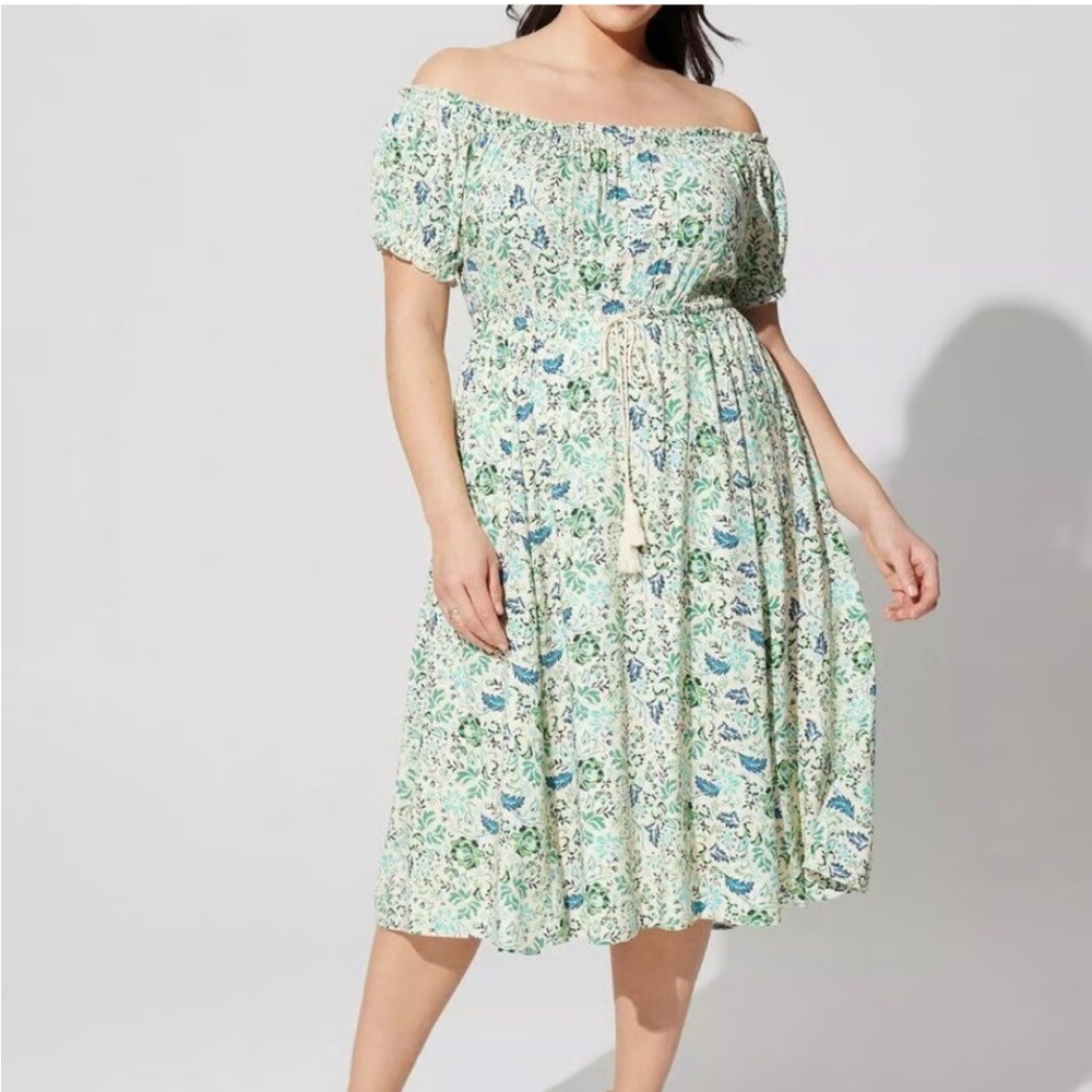 Torrid Off-Shoulder Midi Dress 3X Short Sleeves Ditzy Floral Cottagecore Peasant